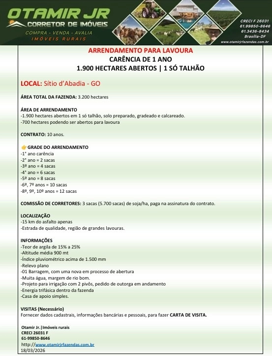 Fazenda/Sítios/Chácaras no bairro 3.200 hectares, em Sítio dAbadia | Eu Corretor